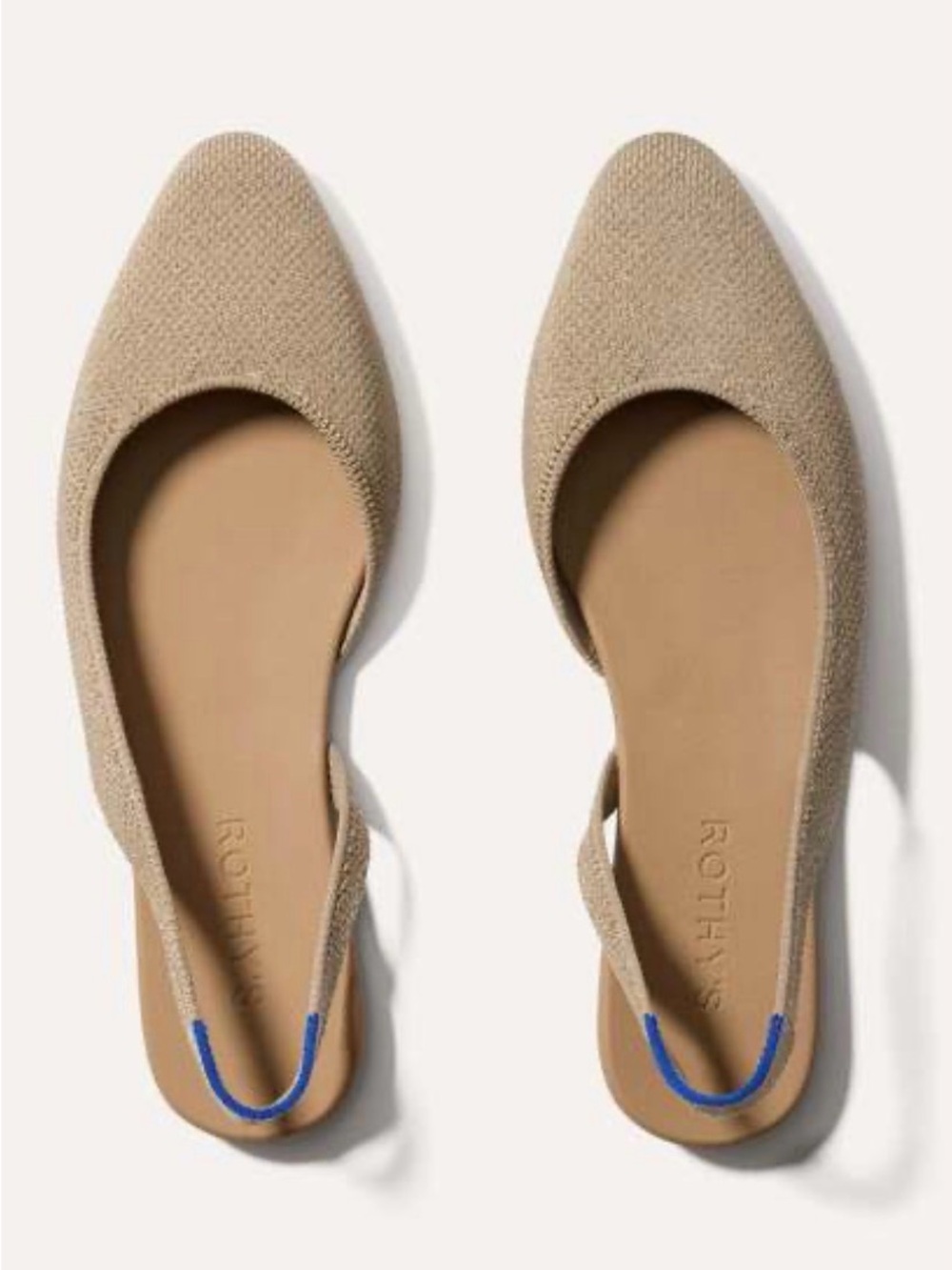 Rothy's Beige Pointed Slingback Flats with Blue Heel Detail